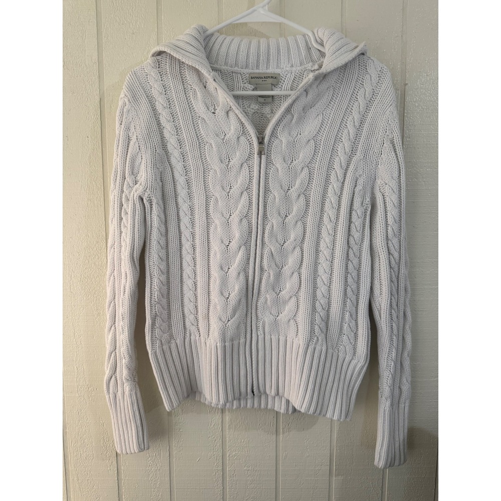 Banana Republic Women White Cable Knit Full Zip Cotton Sweater Hooded Collar M